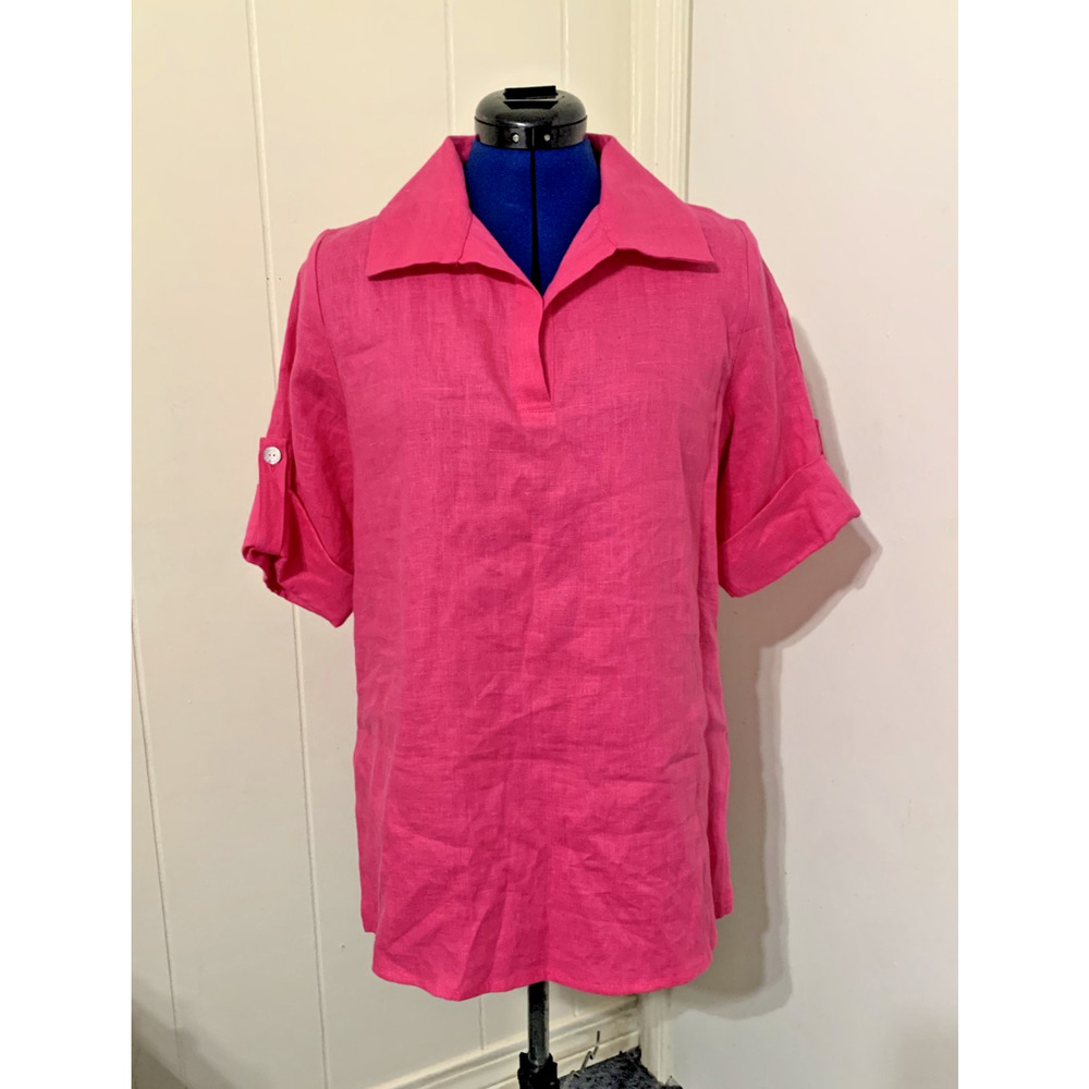 Christopher Calvin 100% Linen Top S Lagenlook Tunic Blouse Collared Beachy Vacay